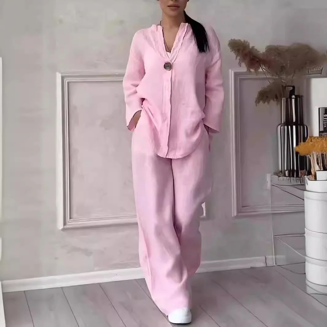 Womens cotton and linen pants set casual solid color zipper 2piece white pink 240930
