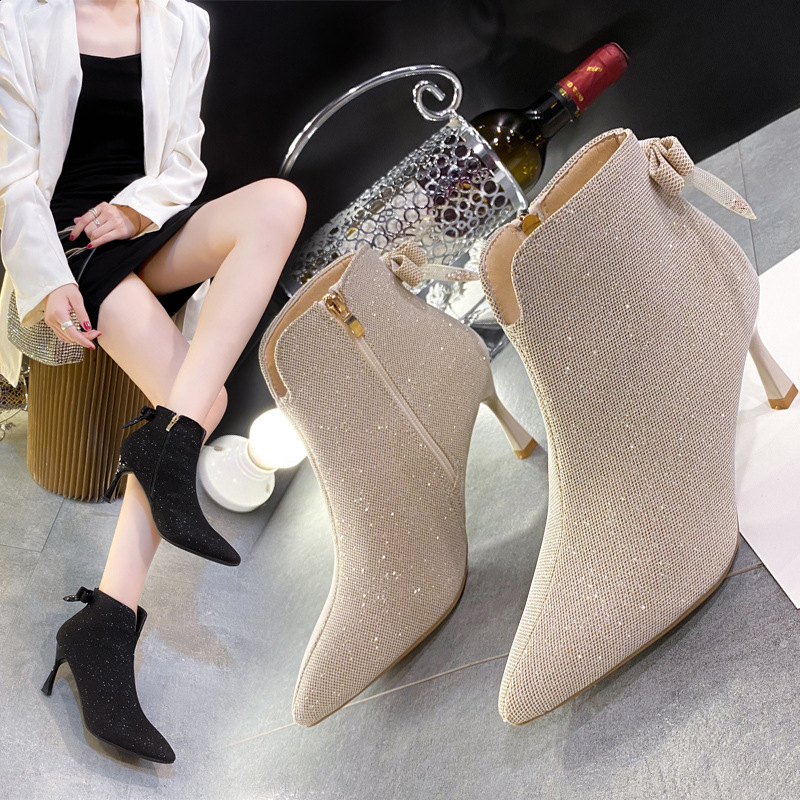 Women Boots Fashion High Heel Bow Design Korean Version Stiletto Anti Slip Plus Size Triple Black Beige Free shipping