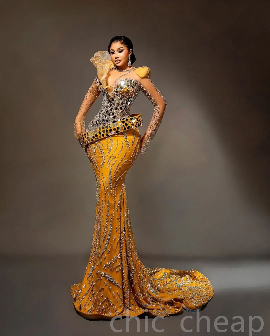 Aso Ebi 2024 Yellow Mermaid Prom Dresses Rhinestones Beaded Sequined Lace Evening Formal Party Second Reception Birthday Gowns Dress For Special Occas
