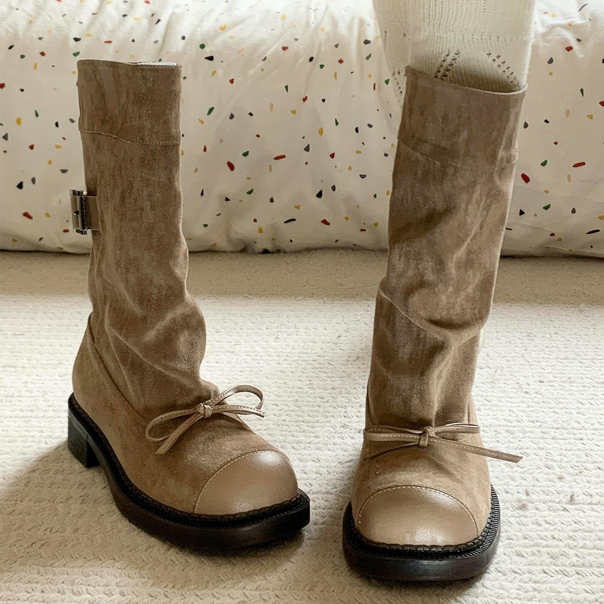 Stylish 2024 Women's Khaki Boots: Round Toe, Bow Design, Thick Sole, Versatile France Style e286