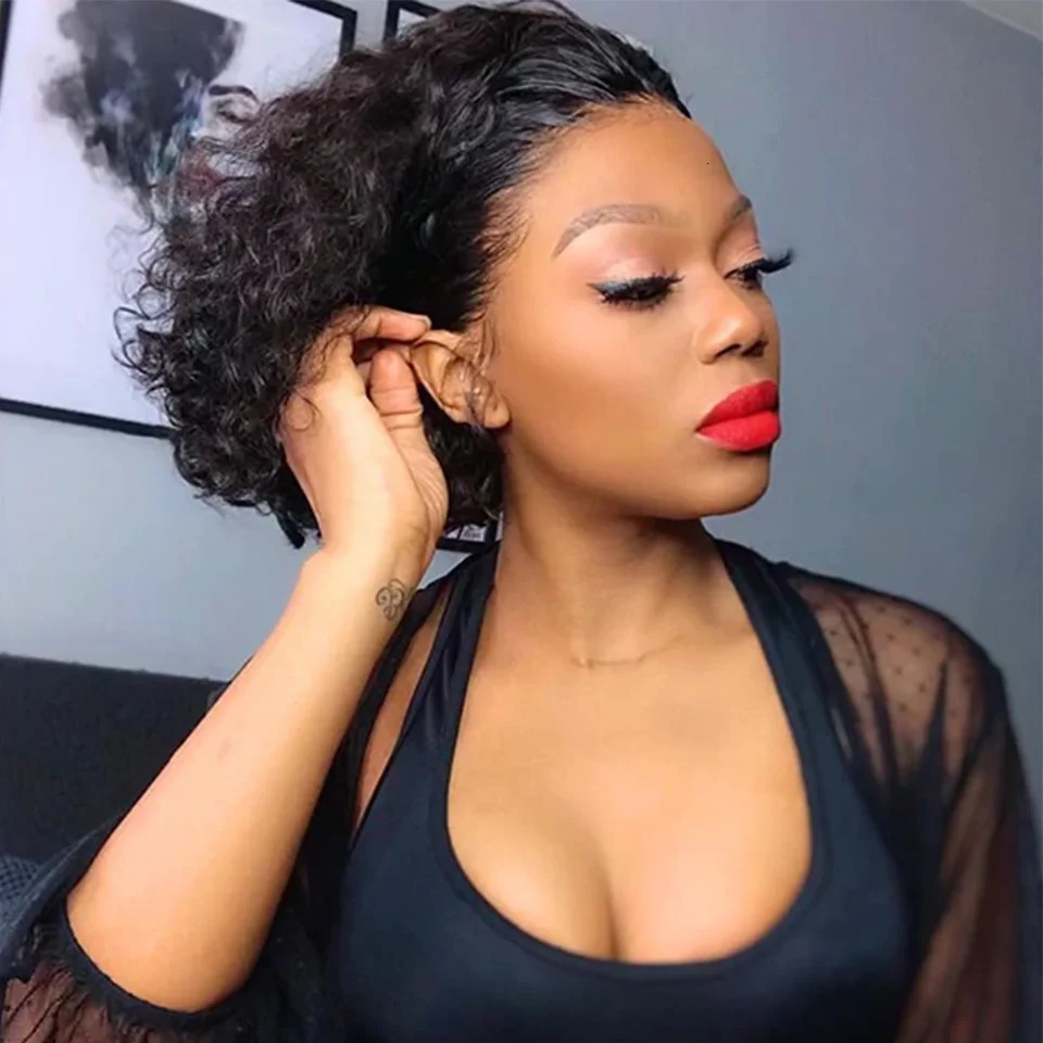 Short human hair wig high gloss elf cut lace front human hair wig black female Perruque Cheveux adhesive free wig 240921