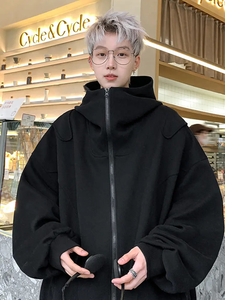 White cardigan wool sweater mens spring and autumn high-end handheld heavy-duty young loose hooded jacket Y2K top 240927