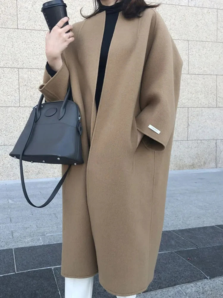 Elegant Woolen Coat for Women Streetwear Casual Korean Fashion Jackets Solid Pockets O Neck Autumn Winter Coats 240927