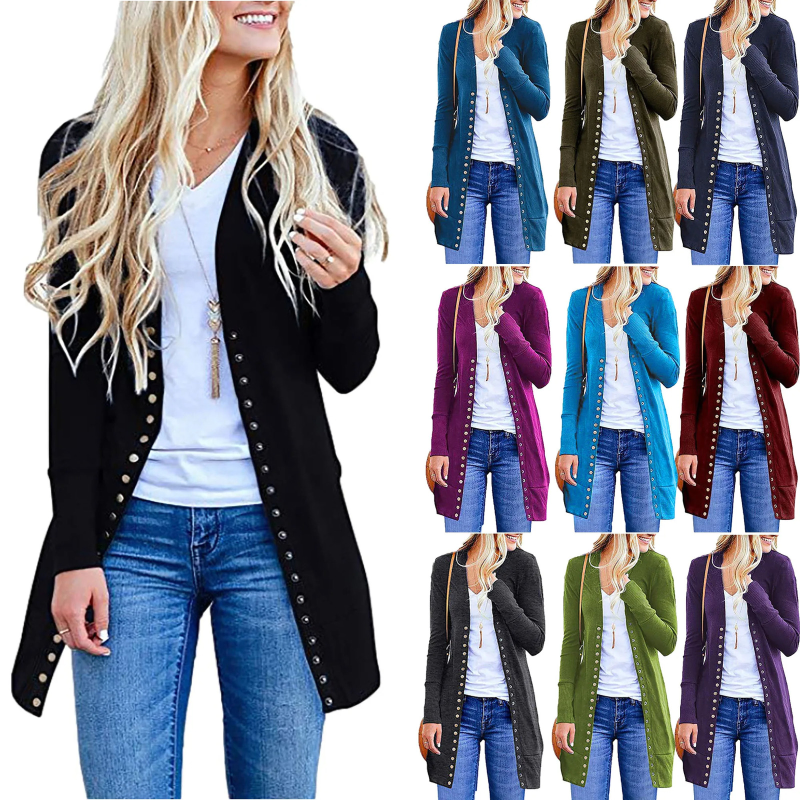 European and American Large Womens Medium length Button Solid Color Cardigan for Autumn 2024 240930