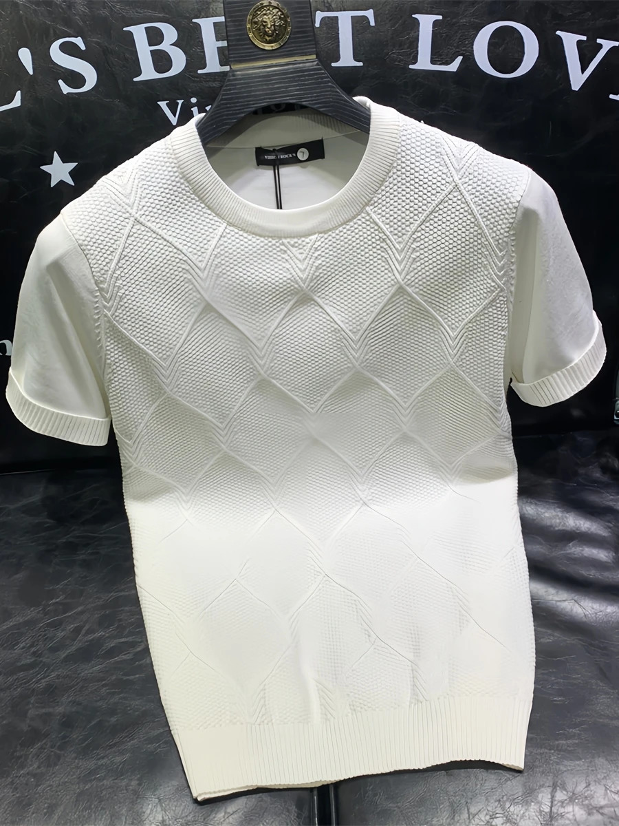 Summer Knitted T-shirt Korean Clothing Solid Color Short Sleeve Trend Business Bottom Top A96 240930