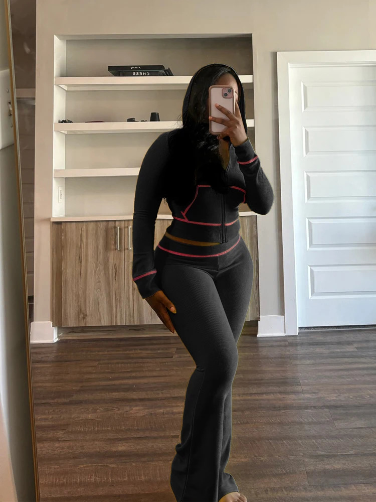 Waffle Texture Striped Womens Set Hooded Tops and Flare Pants Suits 2024 Fall Casual Street Baddie 2 Piece Sets Women 240930
