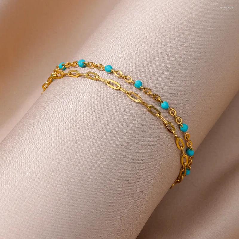Anklets Blue Beads Double Layer For Women Gold Color Stainless Steel Ankle Bracelet Female Foot Chain On The Leg Jewelry
