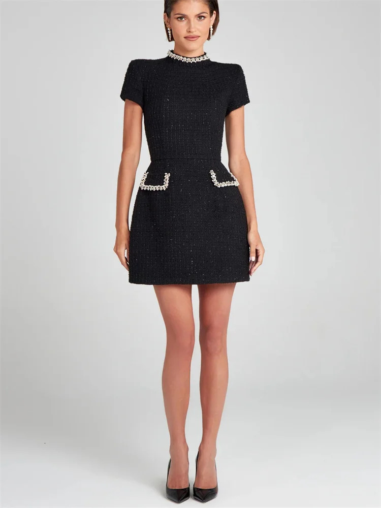 Tosssy Shiny Elegant Female Mini Pocket Short Sleeve Patchwork Fashion Slim Party Gown Women's Glitter Vntage Dress