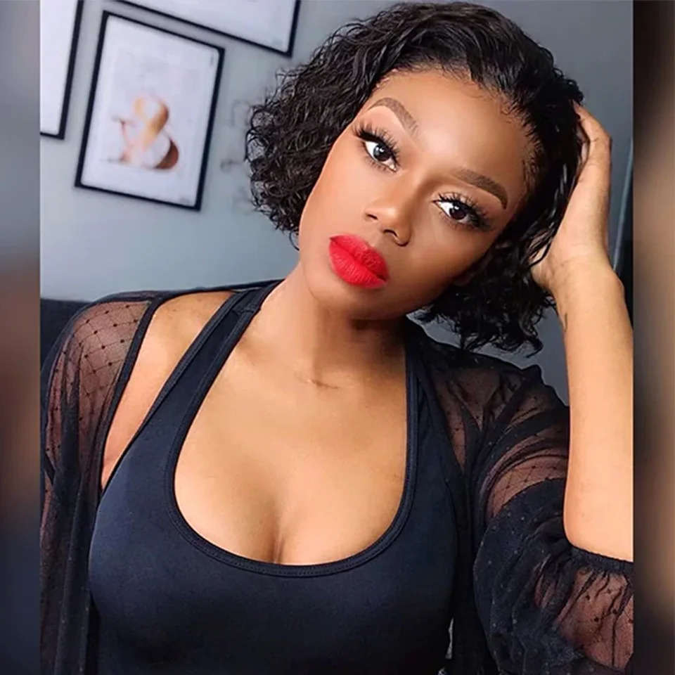 Short human hair wig high gloss elf cut lace front human hair wig black female Perruque Cheveux adhesive free wig 240921