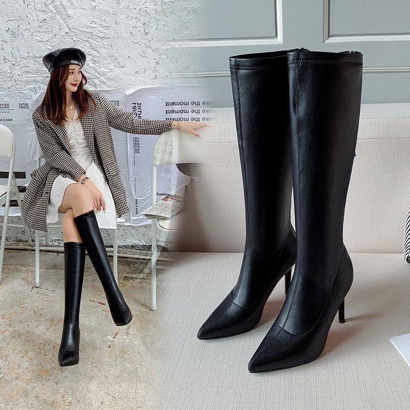 Women Pointed Toe Boots High Heel Knee-length Boots Stiletto Heel Sexy Style Fleece Boots Winter Warm Fashion Design Triple Black Free shipping