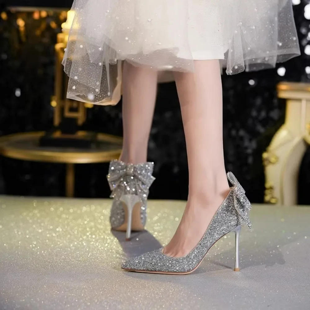 Women's Crystal Bow Pumps: Sparkle in Style with Our High-Heeled Party Shoes