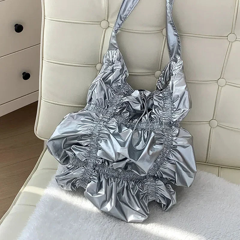Ruched womens shoulder bag smooth and soft leather brushed large letter bag Korean fashion cross body bag ww 241008