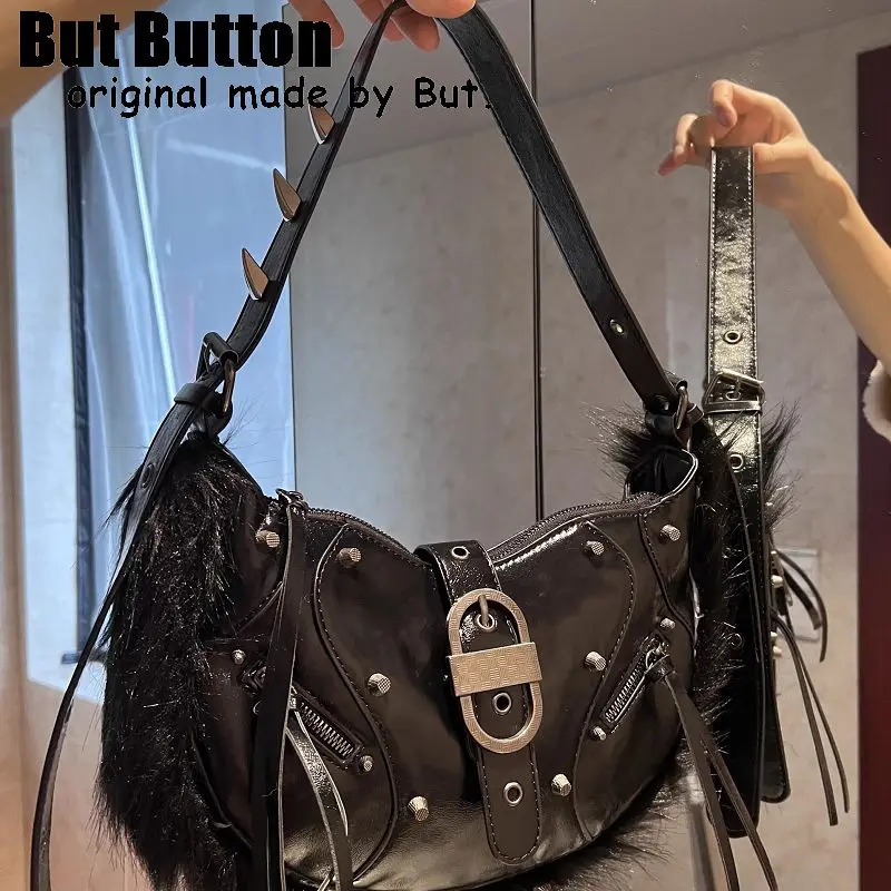 women Y2k girl Furry Harajuku Punk Advanced Rivet spike Gothic One Shoulder Handbag Womens punk Tote Steampunk Bags 240926