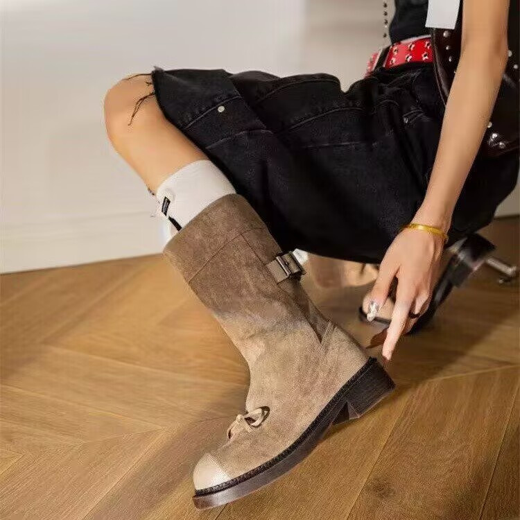 Stylish 2024 Women's Khaki Boots: Round Toe, Bow Design, Thick Sole, Versatile France Style e286