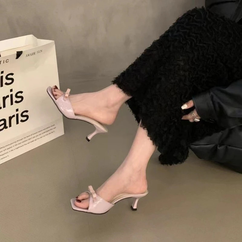 Summer Slippers Women Korean Fashion Womens High Heel Slippers Elegant Bow Embellished Modern Slippers Zapatos Mujer 240924