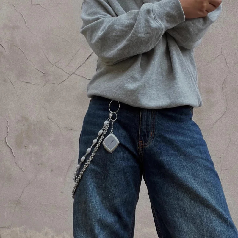 Retro pearl pants chain mens multifunctional single waist trendy accessory silver metal punk hip-hop pants chain y2k 240924