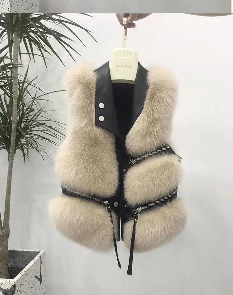 Womens Vest Short Fur Coat Slim Fit Fashion Autumn and Winter 2024 Splicing Jacket 240924