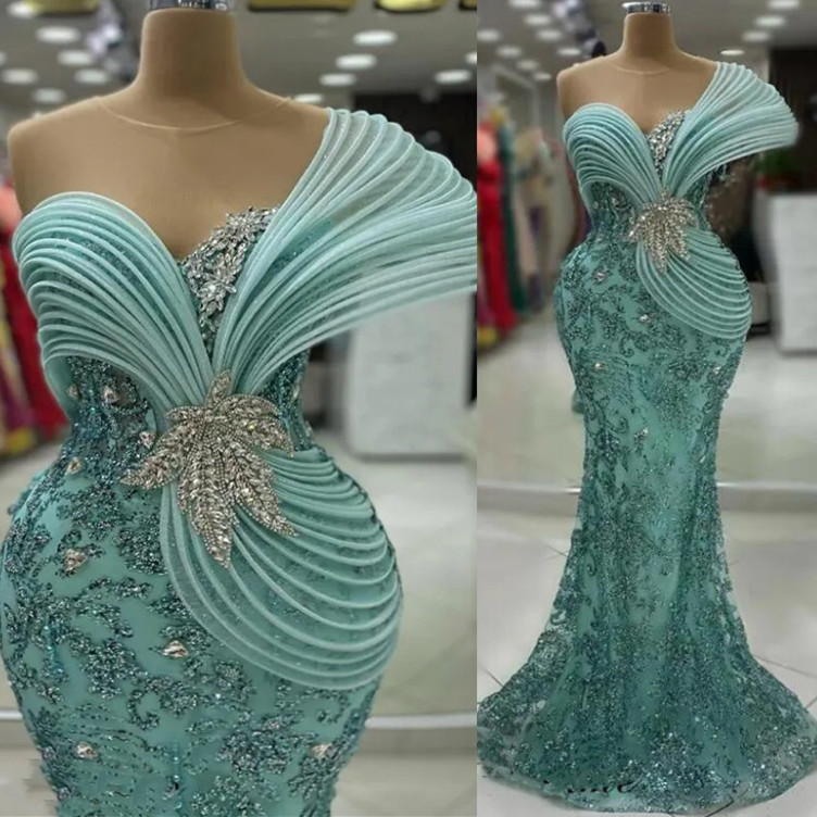Aso Ebi 2024 Mint Mermaid Prom Dresses Stylish Rhies Sheer Neck Sequined Evening Formal Party Second Reception Birthday Gowns Dress For Special Ocns