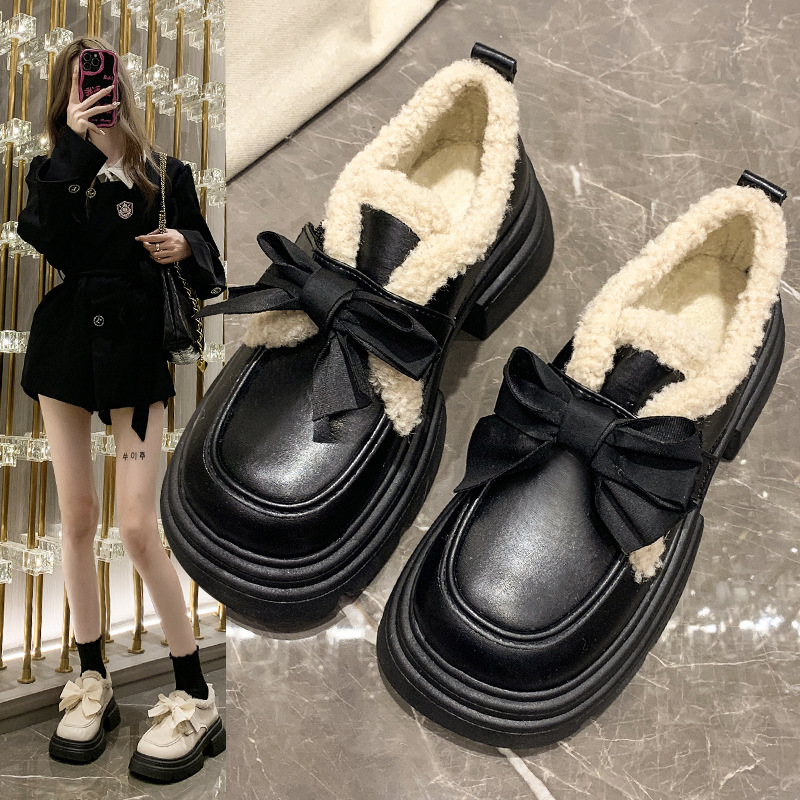 Women Casual Fashion Leather Shoes Thick Sole Chunky Heel Fleece Winter Warm Triple Black Beige Brown Free shipping