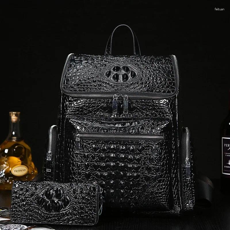 3 Backpack Cow Genuine Leather Alligator Men Backpac Real Natural Student Boy Large Computer Laptop Bag 4