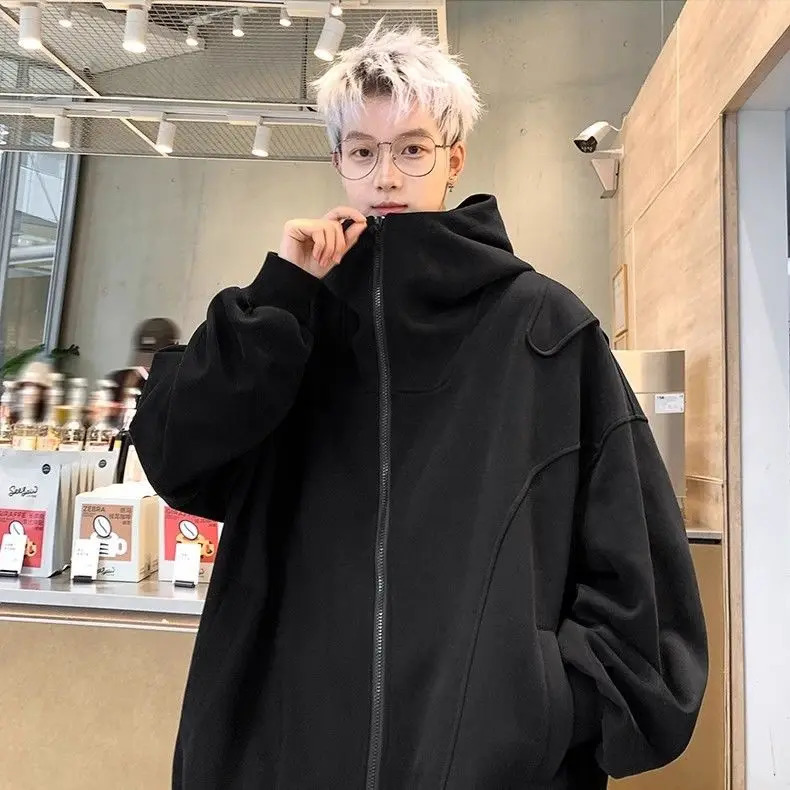 White cardigan wool sweater mens spring and autumn high-end handheld heavy-duty young loose hooded jacket Y2K top 240927