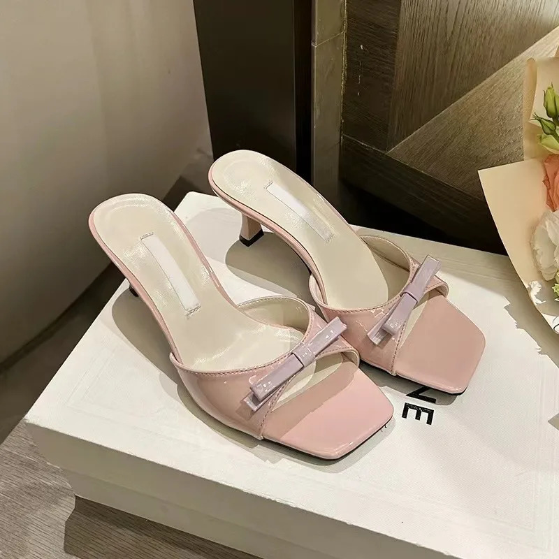 Summer Slippers Women Korean Fashion Womens High Heel Slippers Elegant Bow Embellished Modern Slippers Zapatos Mujer 240924