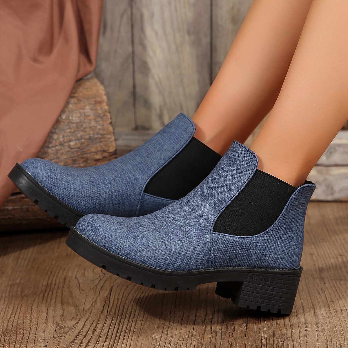 Plus Size Women's Fashion Boots: Round Toe High Heel Chunky Heel, Blue-Grey ee9d
