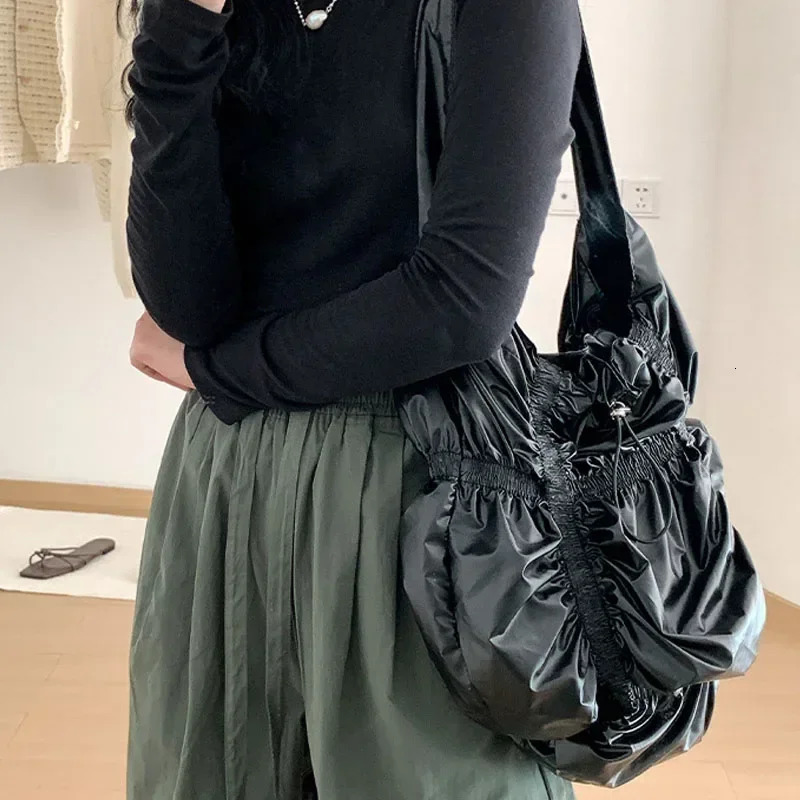 Ruched womens shoulder bag smooth and soft leather brushed large letter bag Korean fashion cross body bag ww 241008