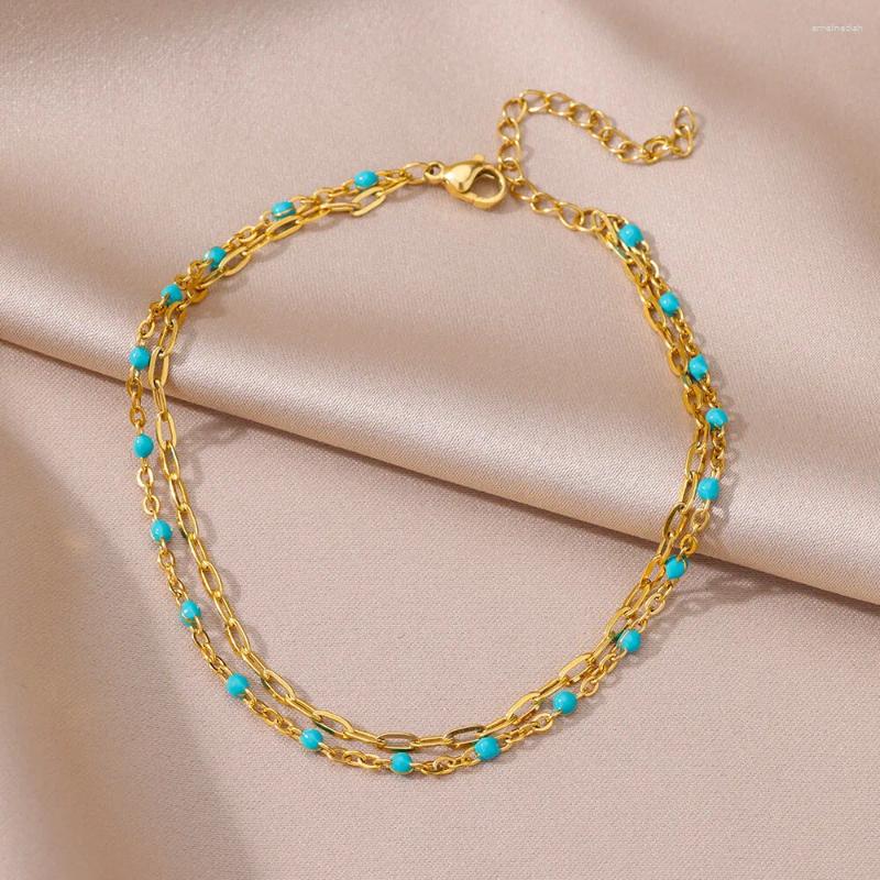 Anklets Blue Beads Double Layer For Women Gold Color Stainless Steel Ankle Bracelet Female Foot Chain On The Leg Jewelry