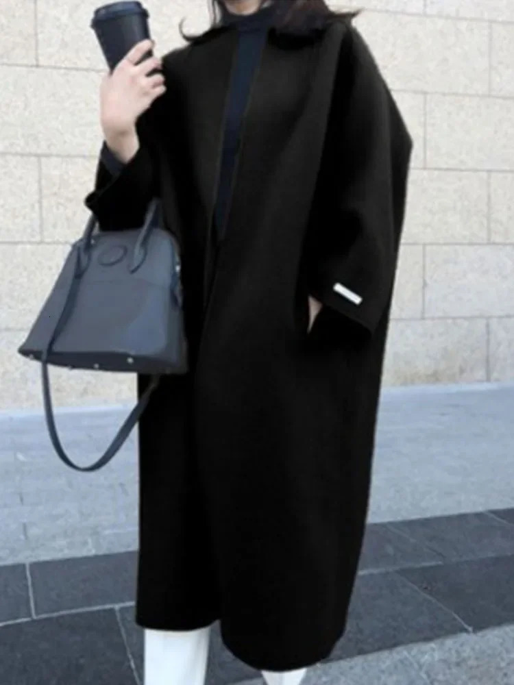 Elegant Woolen Coat for Women Streetwear Casual Korean Fashion Jackets Solid Pockets O Neck Autumn Winter Coats 240927