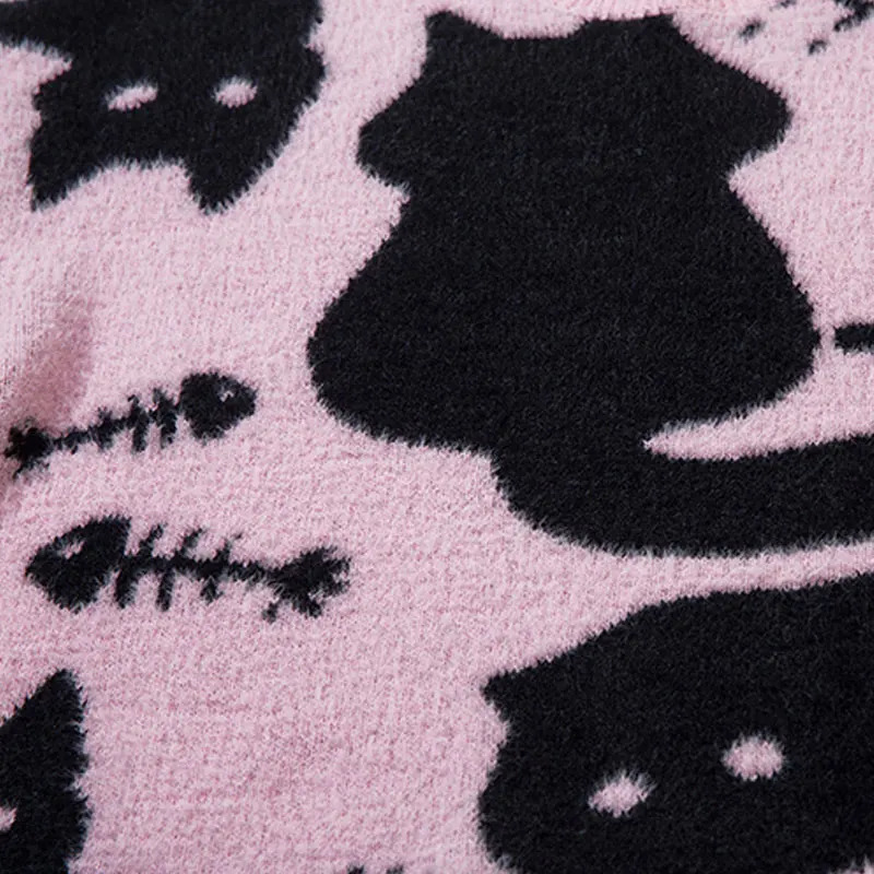 Harajuku sweater knitted cute cat fish oversized pull-out jumper mens hip-hop casual long sleeved comfortable sweater streetwear pink 240930