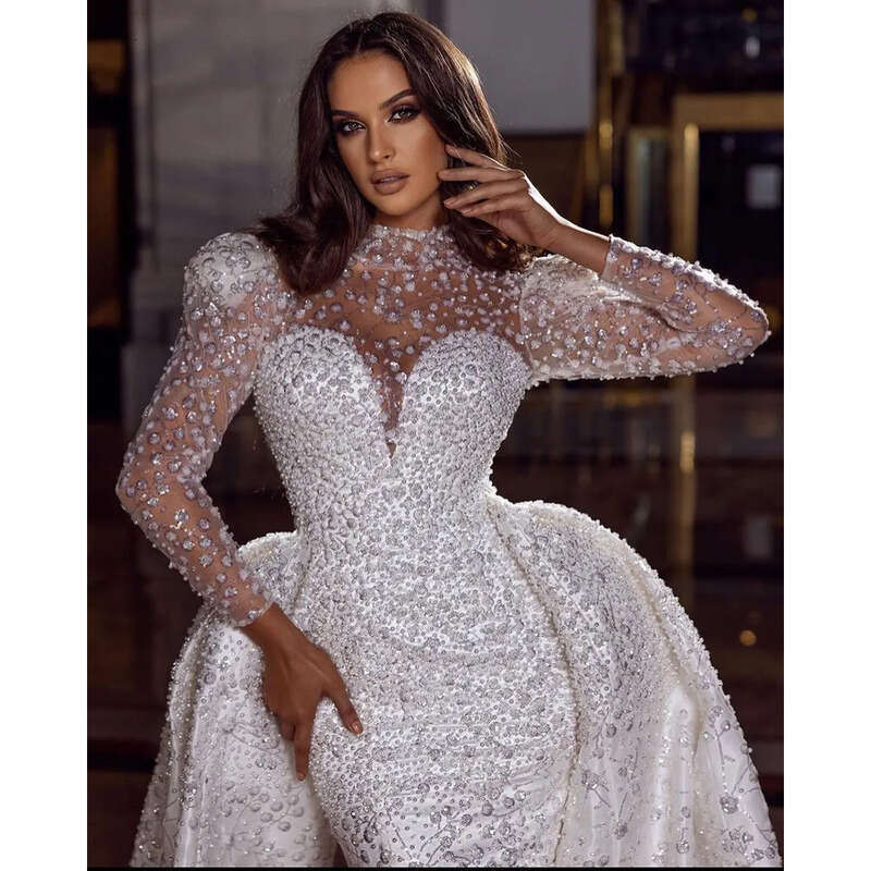 Dress Detachable With Wedding Mermaid Train Lace Pearl Crystal Arabic Trumpet Bridal Gowns Long Sleeves Robe