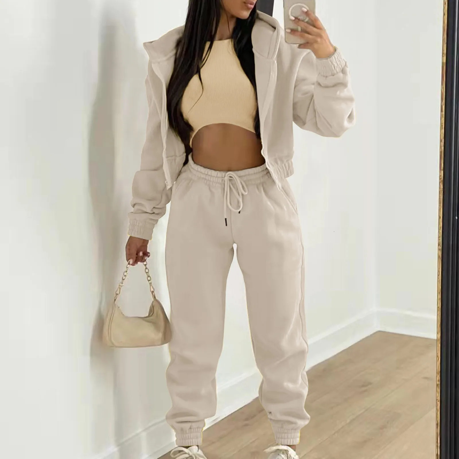 Women 3 Piece Sets Casual Long Sleeve Zip HoodiesRibbed TankHigh Waist Sweatpants Jogger Pant Suits Sporty Three Pieces Outfit 240930