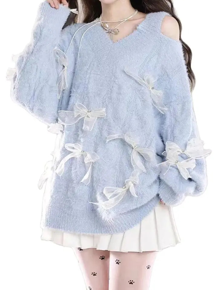 Womens Bow Sweater Pullover Sweater Y2k Long Sleeve V-neck Jumping Knitted Sweater Long Sleeve Top Autumn 240927