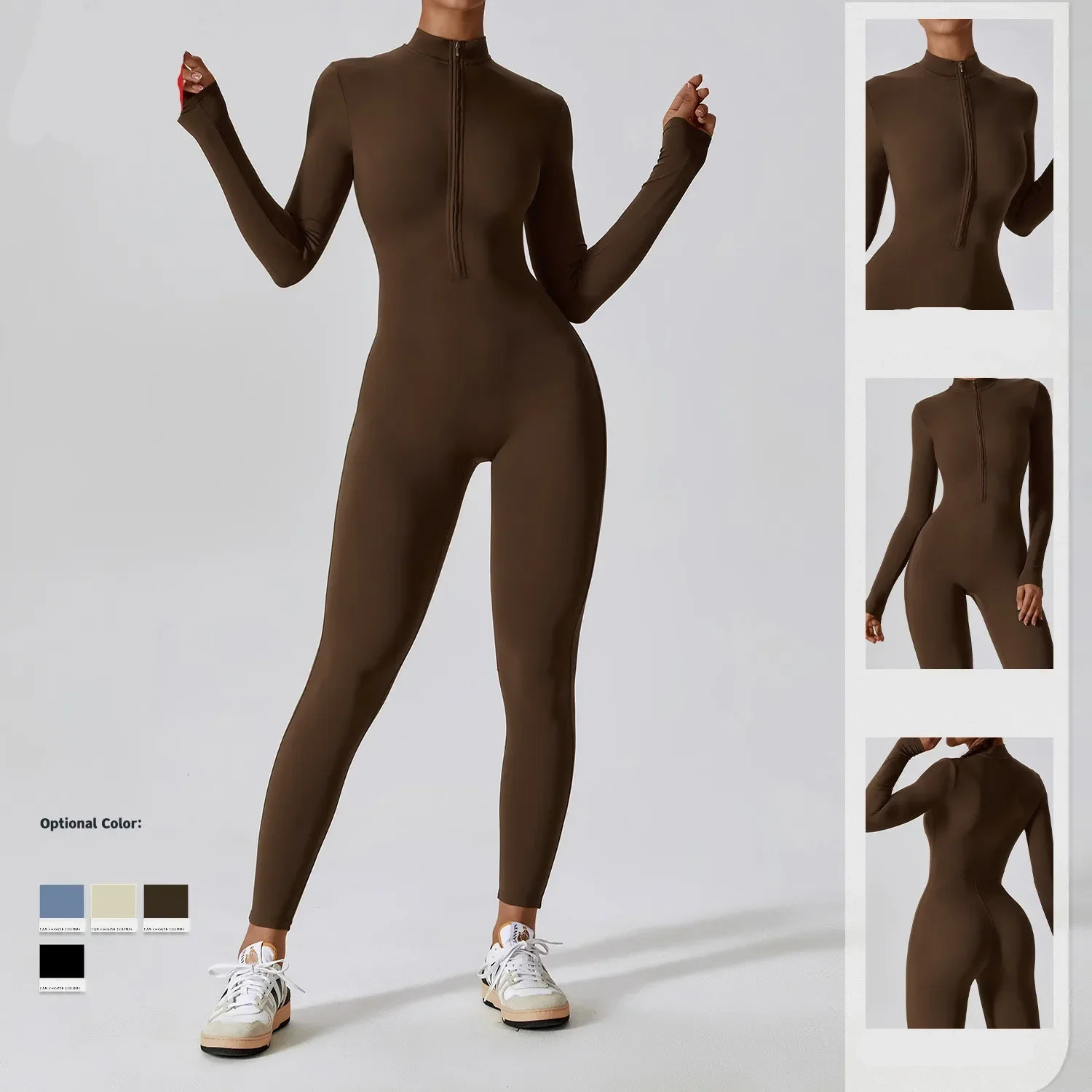 Yoga womens seamless sports zipper jumpsuit long sleeved set elastic gym fiess suit sportswear 240920