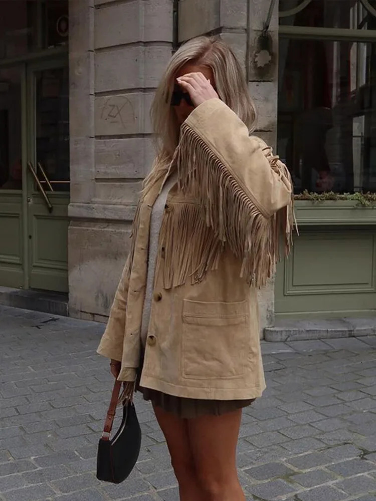 Vintage Faux Suede Tassel Jacket Women Long Sleeve Single-breasted Lapel Loose Coats 2024 Autumn Fashion Lady in Outwears 240923