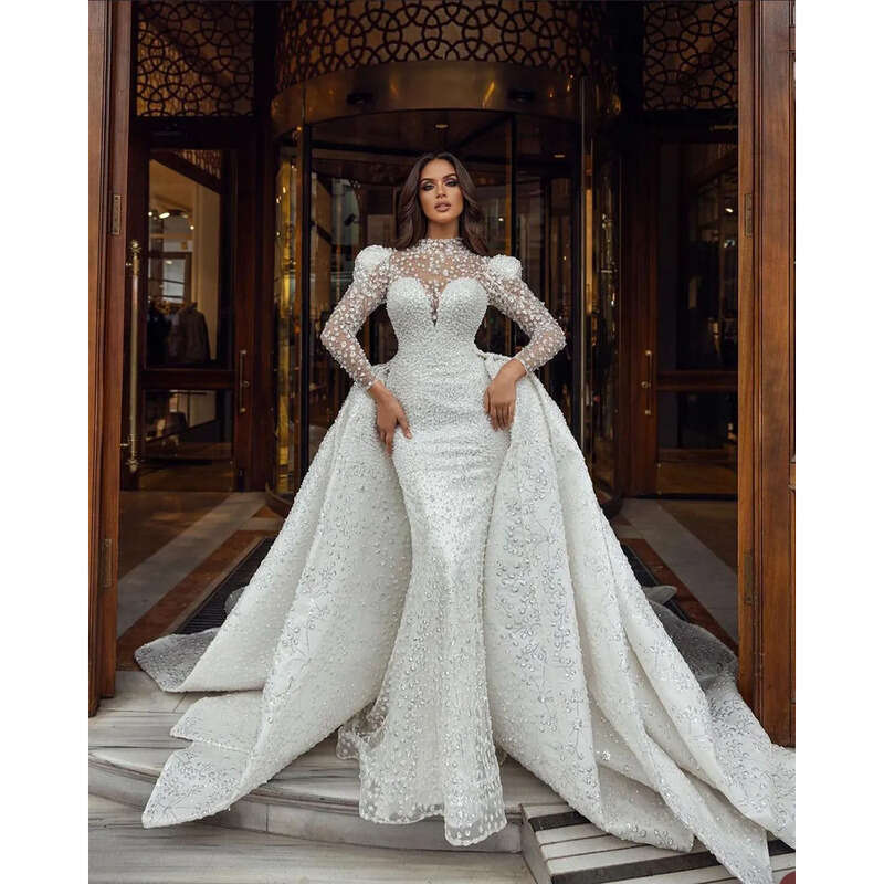 Dress Detachable With Wedding Mermaid Train Lace Pearl Crystal Arabic Trumpet Bridal Gowns Long Sleeves Robe