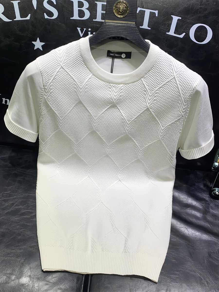 Summer Knitted T-shirt Korean Clothing Solid Color Short Sleeve Trend Business Bottom Top A96 240930