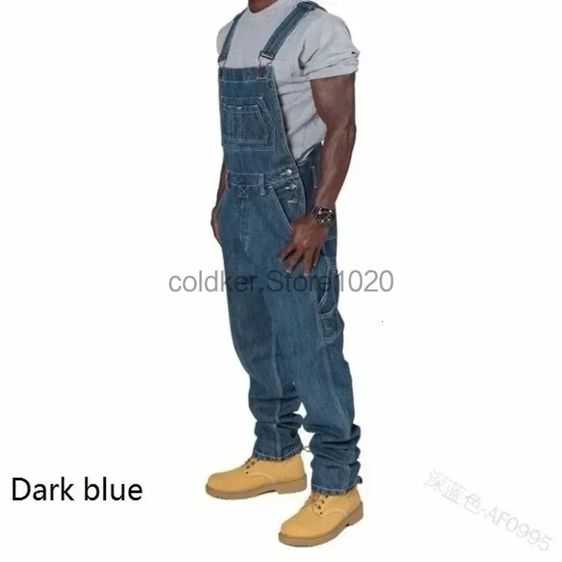mens denim set with casual multiple pockets loose splicing straight pants fashionable and adjustable suspension jeans 240925