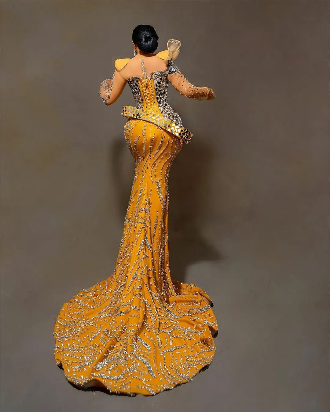 Aso Ebi 2024 Yellow Mermaid Prom Dresses Rhinestones Beaded Sequined Lace Evening Formal Party Second Reception Birthday Gowns Dress For Special Occas