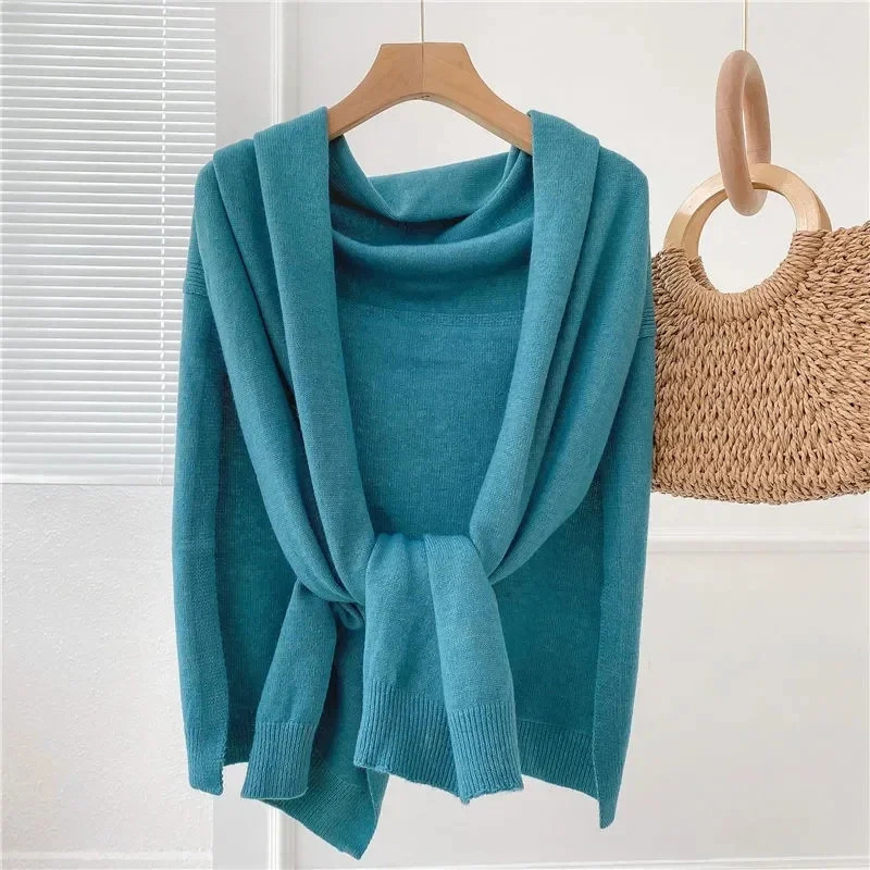 Shawl Knitted Tops Cape Autumn Winter Korean Fashion Sweter Damski Warm Wild Solid Scarf Cardigan Poncho 2024 Ropa Mujer 240924