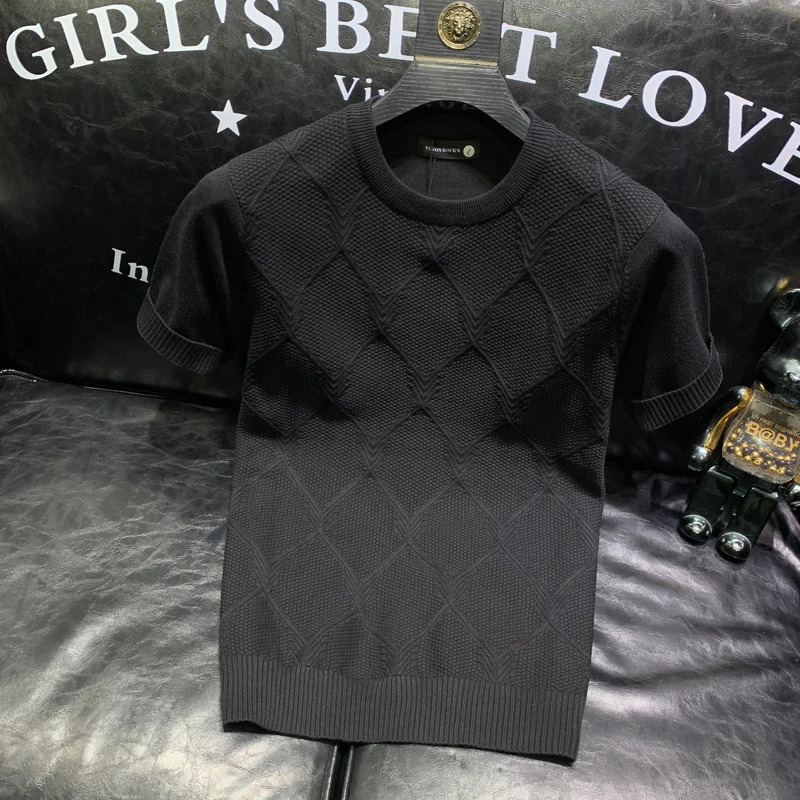 Summer Knitted T-shirt Korean Clothing Solid Color Short Sleeve Trend Business Bottom Top A96 240930