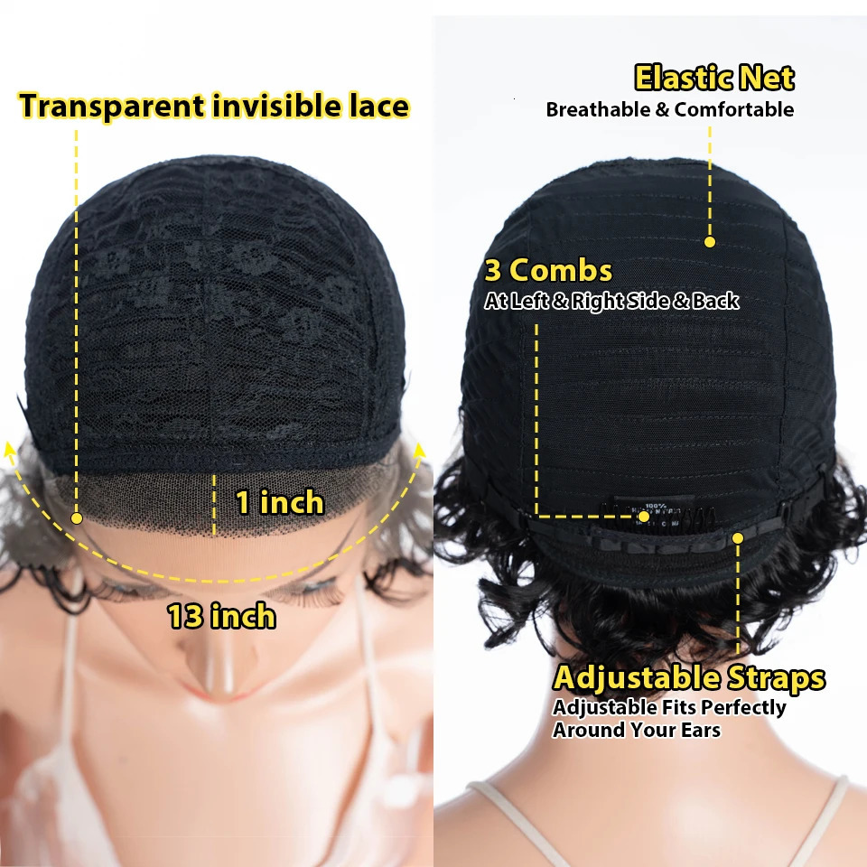 Short elf cut wig curled Bob lace front human hair wig suitable for black women 180 density 13X1 pre coated lace wig Brazilian weaving 240921