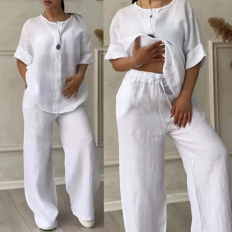 Womens cotton and linen pants set casual solid color zipper 2piece white pink 240930