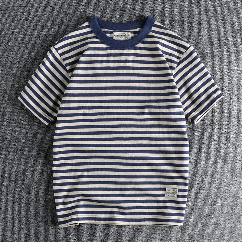 Retro Sailor Mens Striped T-shirt Summer Half Sleeve 250GSM Heavy duty 100% Cotton Washed T-shirt 240930