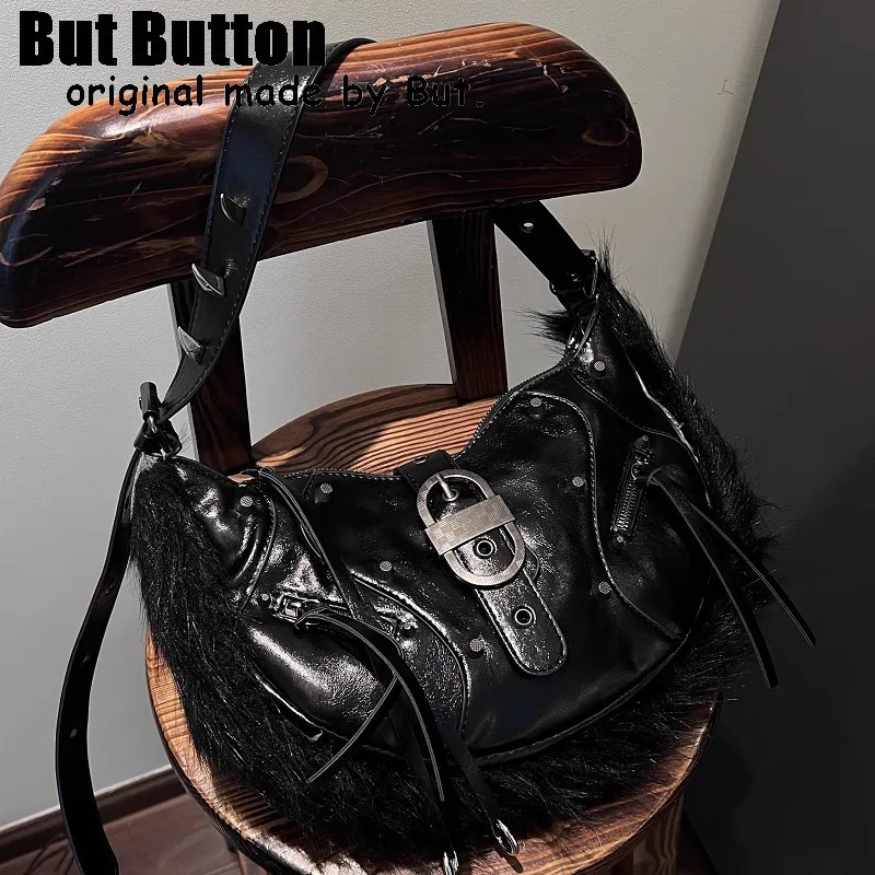 women Y2k girl Furry Harajuku Punk Advanced Rivet spike Gothic One Shoulder Handbag Womens punk Tote Steampunk Bags 240926