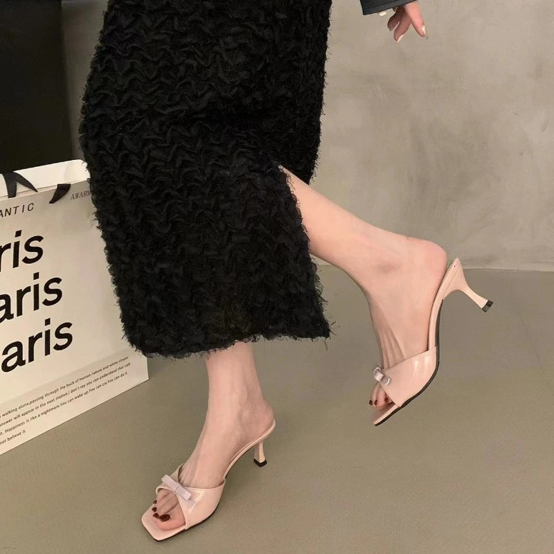 Summer Slippers Women Korean Fashion Womens High Heel Slippers Elegant Bow Embellished Modern Slippers Zapatos Mujer 240924