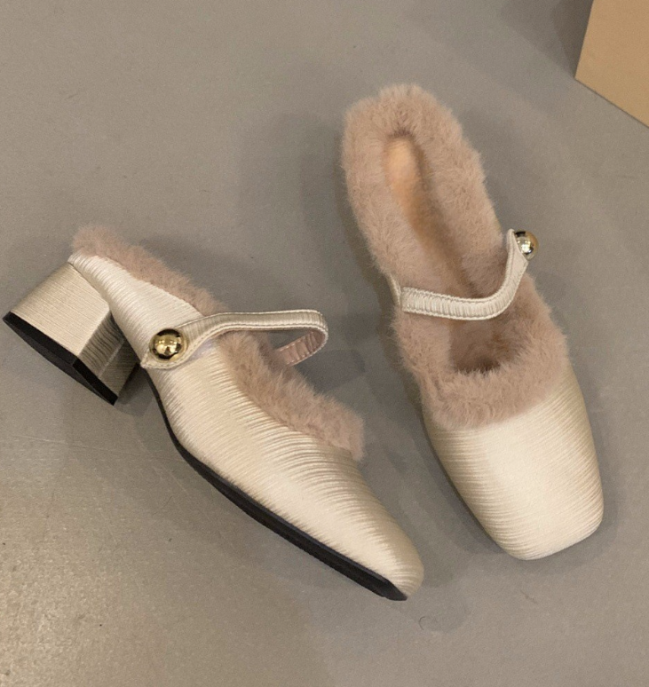 Women High Heel Fashion Winter Wear Fleece Warm Chunky Heel New Design Square Toe Triple Black Beige Free shipping