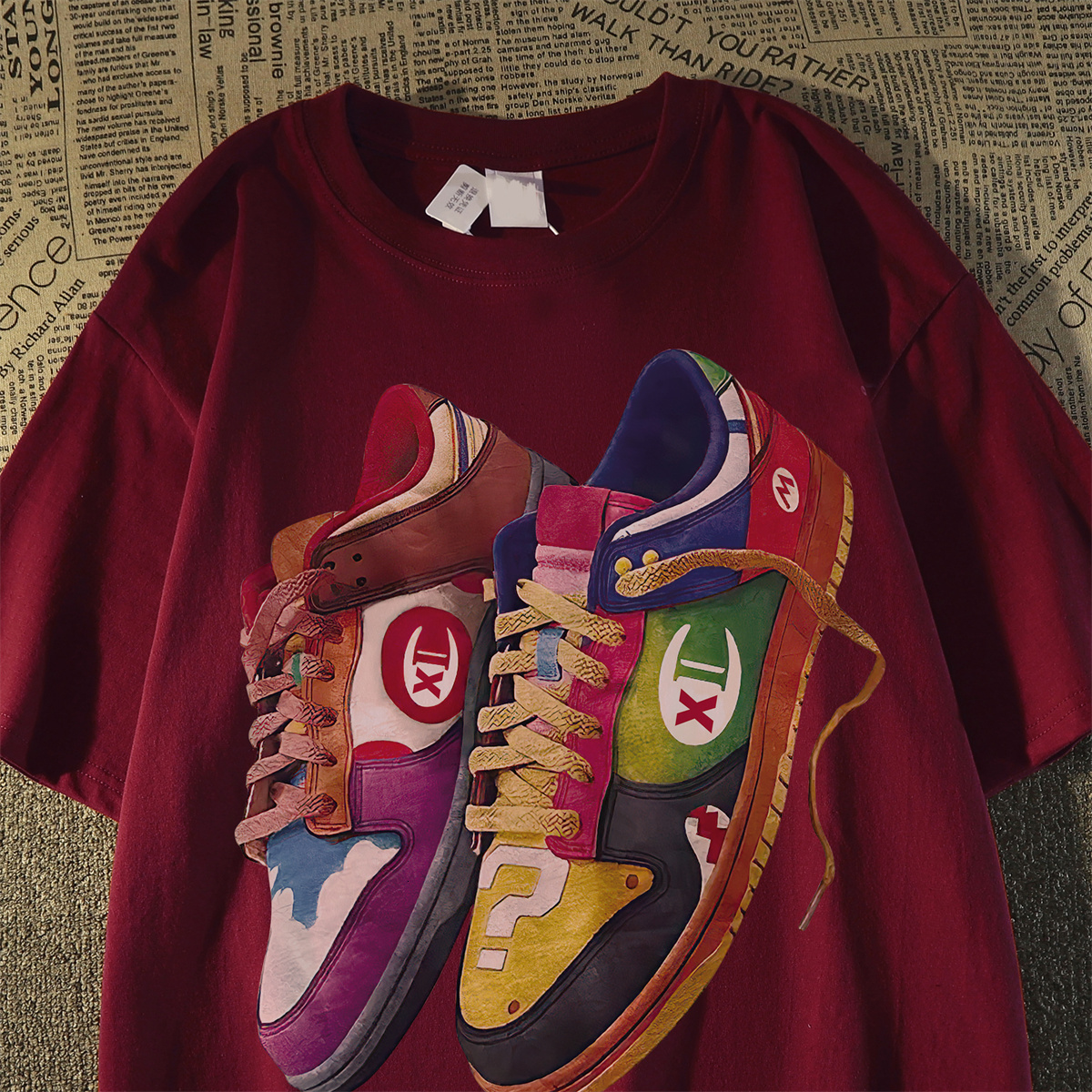 Fun parody shoes printed pure cotton short sleeved t-shirt for women men in spring and summer 2024 new American trend couple top ins
