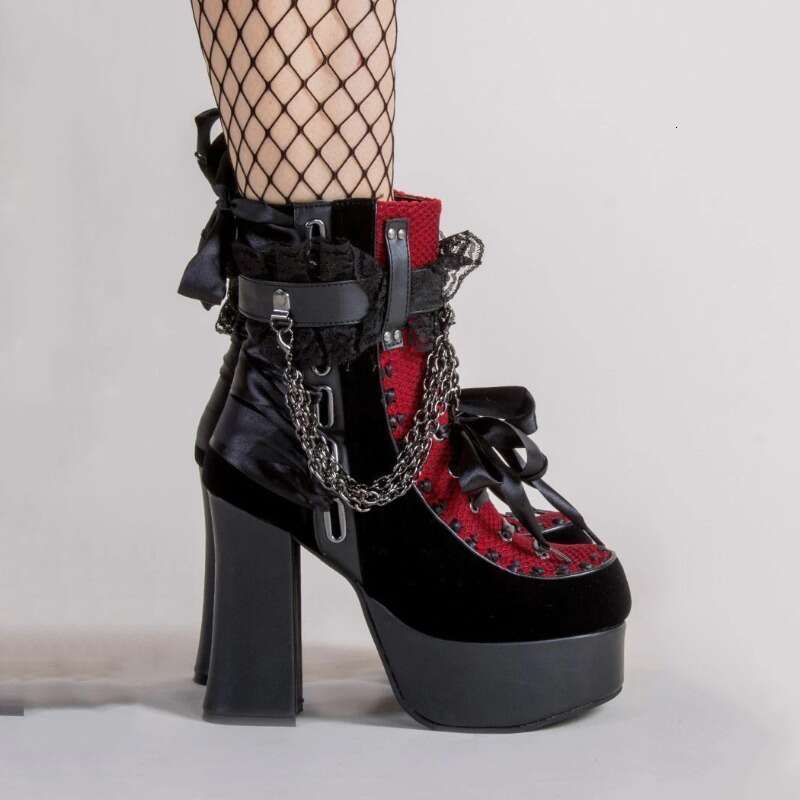 Gothic Style Chain Lace Up Bow Women Short Retro Round Toe Square Heel Chunky Platform Ankle Boots Punk Ladies Party Shoes